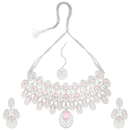 M.D KARAT ART light pink plated American Diamond Jewellery Set for Women | Fancy Jewellery | Designer Drop rodium Plated hangging Earrings & Necklace for Women & Girls(SET 0261N)