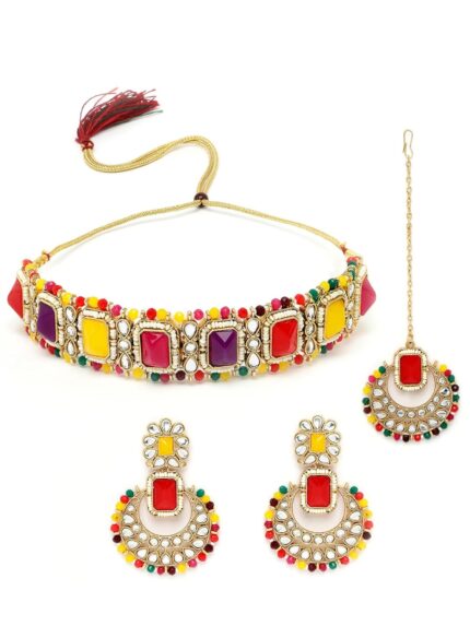 Sukkhi Affordable Squared Style White Kundan & Beads Studded Choker Necklace Set For Women