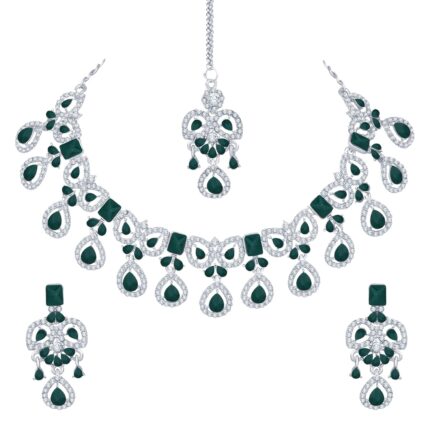 Atasi International Purple Crystal Diamond Necklace with Earrings and Maang Tikka for Women - Jewellery Set for Party, Wedding, Engagement