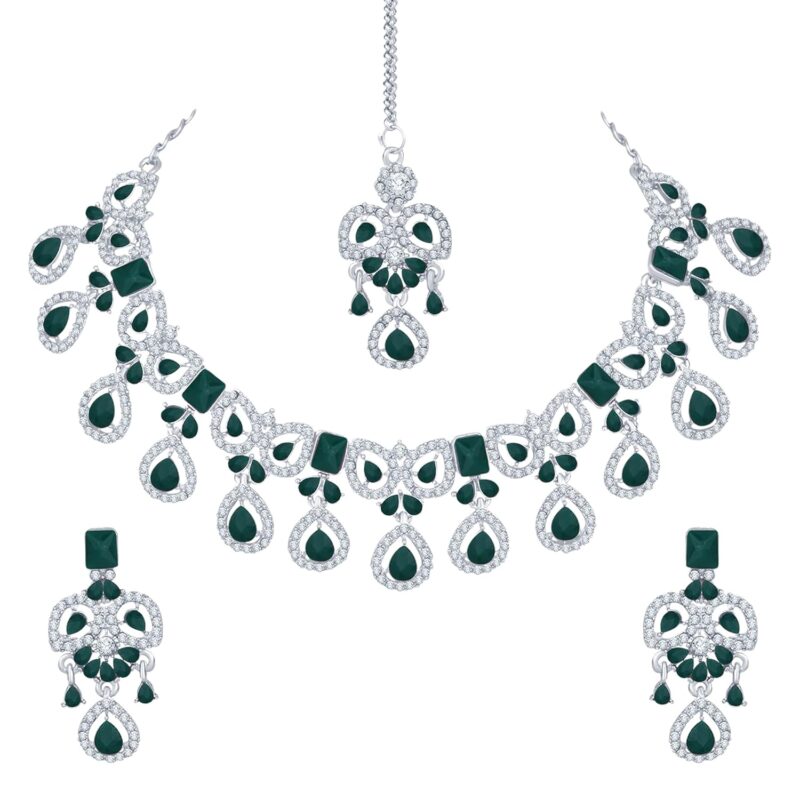 Atasi International Purple Crystal Diamond Necklace with Earrings and Maang Tikka for Women - Jewellery Set for Party, Wedding, Engagement