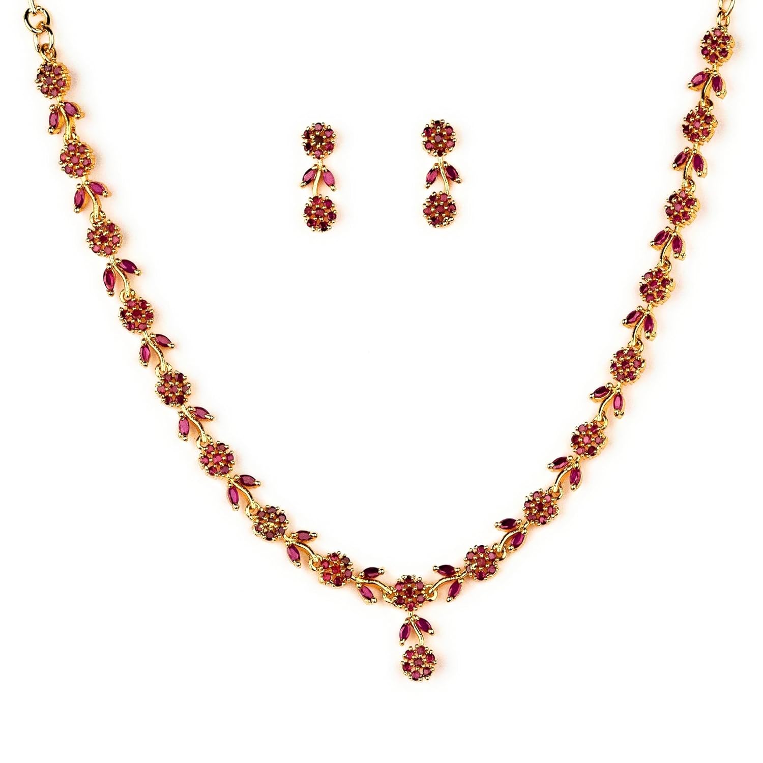 Sasitrends Micro Gold Plated Radient AD Ruby American Diamond Jewellery Sasitrends Micro Gold Plated Radient AD Ruby American Diamond Jewellery Necklace Set with Earrings for Women and Girls