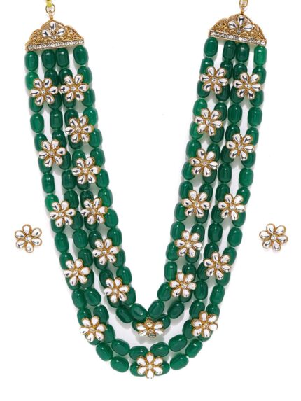 ZAVERI PEARLS Green Beads & Floral Kundan Necklace Set For Women-ZPFK9098