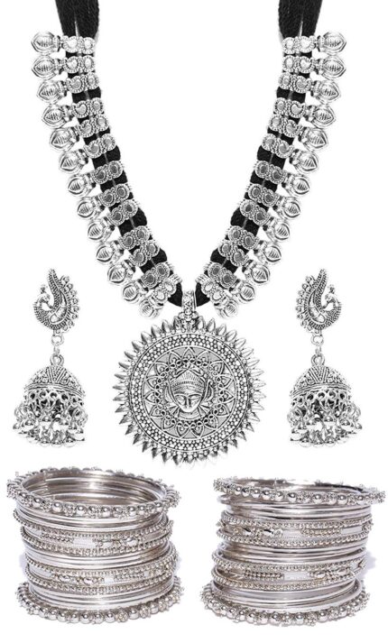 YouBella Jewellery Sets for Women Silver Plated Afghani Tribal Necklace Jewellery set with Earrings and Bangles Combo For Girls/Women
