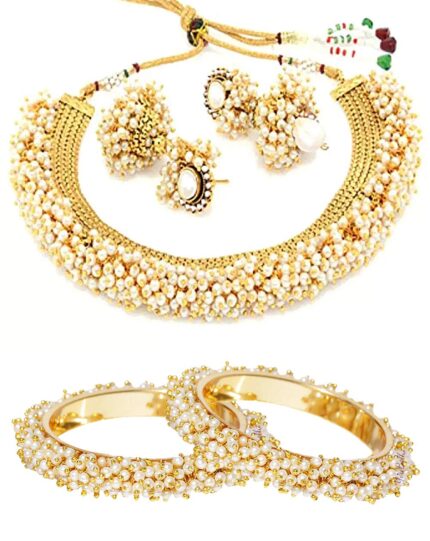 YouBella Jewellery Sets for Women Gold Plated Pearl Wedding Bridal Necklace Jewellery Set with Earrings and Bangles Combo for Girls/Women