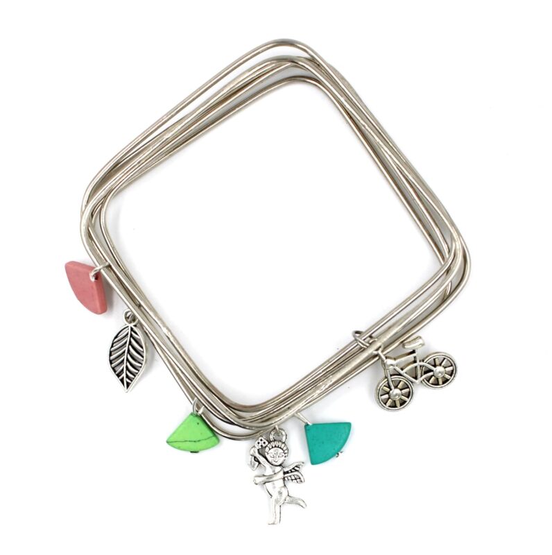 GURJARI JEWELLERS Silver Plated Plain SQUARE shape Bangles with Colurfull Turquoise beads and Oxidised charms Set
