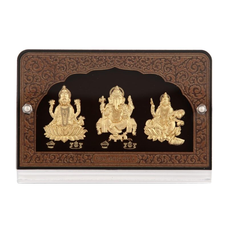 Pk & Pk Jewellers Laxmi Ganesh Saraswati Table Top | 24KT Gold | Small Size [12x8 cm] (for Premium Gift, Office Desk, Car Dashboard, Table Decoration)