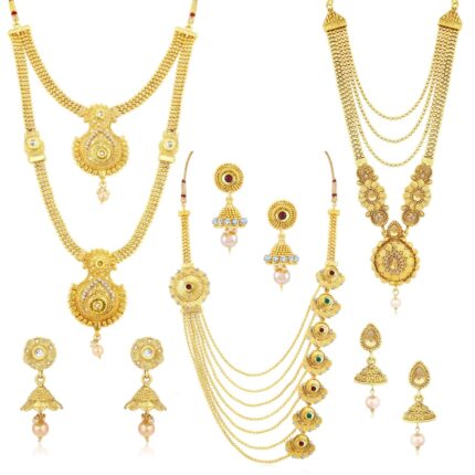 Sukkhi Ethnic Gold Plated Kundan Multi-String Set of 3 Necklace with Jhumki Earrings Combo for Women & Girls (SKR48716)