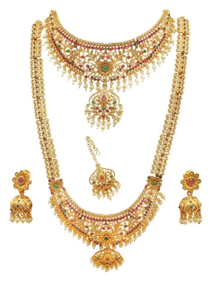 Nagneshi Art Gold Plated Traditional Bridal Long & Choker Necklace With Jhumki/Jhumka Earrings & Maang Tikka Jewellery Set For Women/Girls