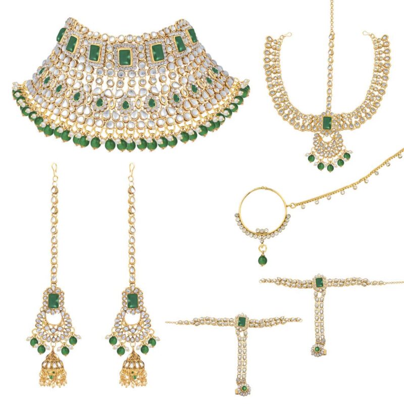 I Jewels 18K Gold Plated Traditional Handcrafted Faux Kundan Studded Bridal Jewellery Set with Earrings & Matha Patti for Women