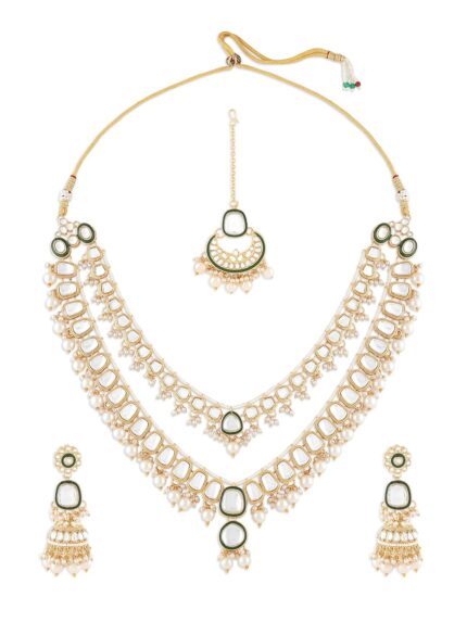 ZAVERI PEARLS Green Meenakari Kundan Pearls Layered Bridal Necklace Earring & Maangtikka Set For Women-ZPFK17357