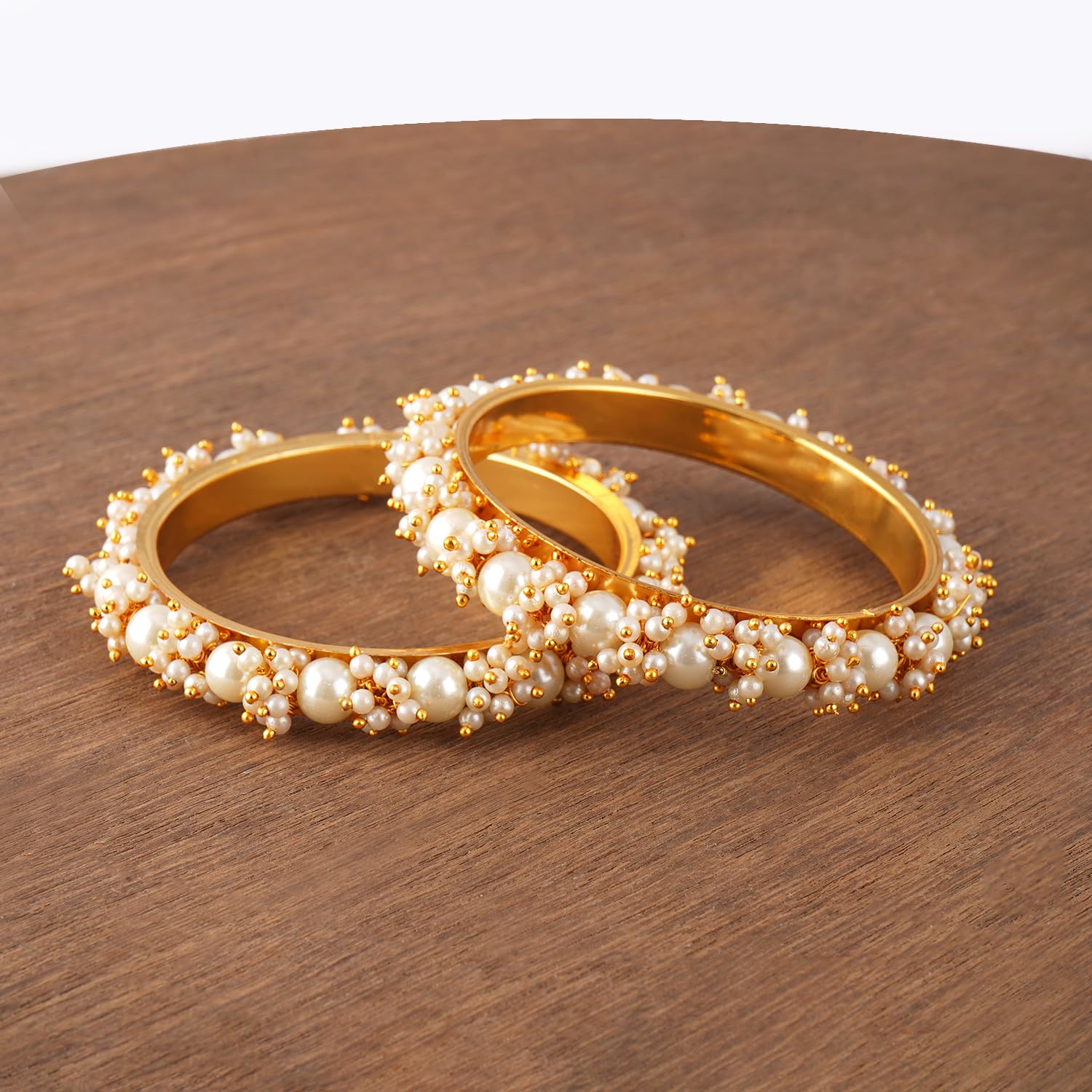 JFL - Jewellery for Less Fashion Gold Plated Cluster Pearl Beads Bangle Set for Women and Girls. (Set of 2)