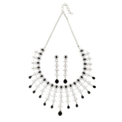 M.D KARAT ART Black Ston Rodium Plated American Diamond Jewellery Set for Women | Fancy Jewellery | Designer Drop rodium Plated hangging Earrings & Necklace for Women & Girls(SET 0284N)