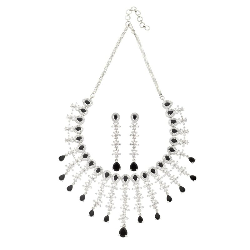 M.D KARAT ART Black Ston Rodium Plated American Diamond Jewellery Set for Women | Fancy Jewellery | Designer Drop rodium Plated hangging Earrings & Necklace for Women & Girls(SET 0284N)