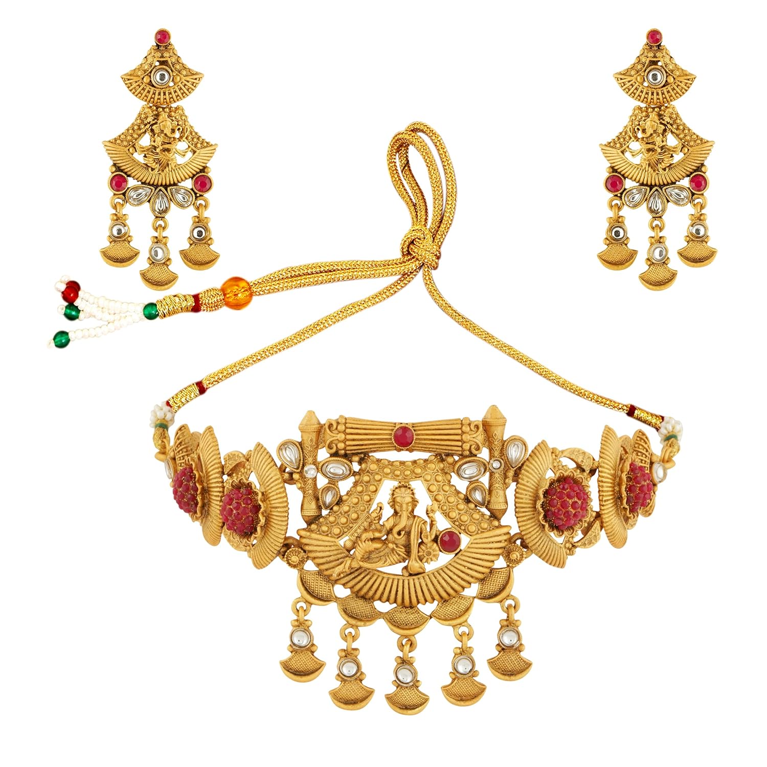 Mansiyaorange Antique Matte Gold Ruby Red Stone South Indian Temple Theme Choker Necklace Imitation/Jewelery/Jualry Sets/Jwellry/Jewellery Sets For Women