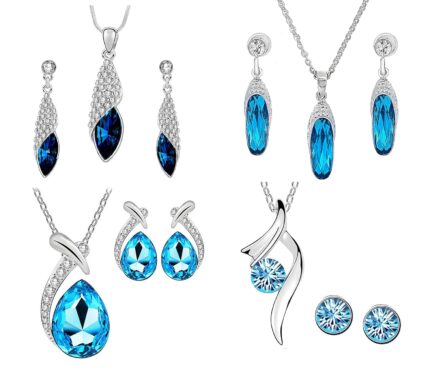 Okos Rhodium Plated Crystal Jewellery Combo Of 4 Designer Pendant Set Studded With Blue Crystal Stones For Girls And Women CO1000389