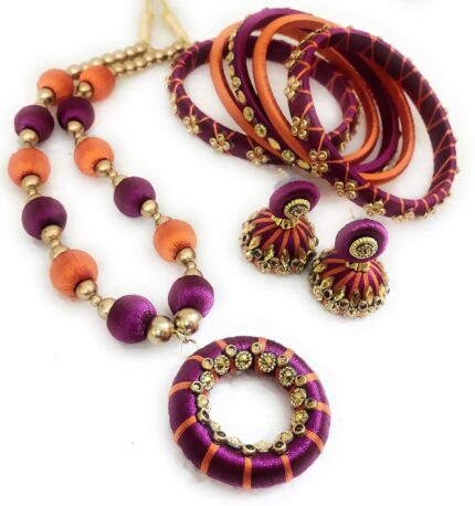 Hasini Creations Purple and Orange Silk thread Designer jewelry set
