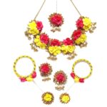 ZENEME White & Gold Pearl Tasselled Gota Patti Floral Beaded Haldi & Mehendi Necklace With Earrings, Maang Tikka & Bracelet Jewellery Set For Girls and Women