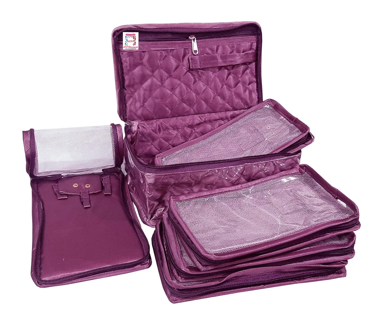 atorakushon Satin Makeup Pouches Cosmetic Necklace Earrings Vanity Jewellery Organizer for Women's (Purple)