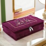Kuber Industries Premium Cotton Jewellery Kit|Embroidered Front with Zipper Closure|2 Large & 4 Small Pockets|Size 27 x 16 x 7 CM, Pack of 1 (Maroon)
