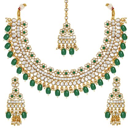 Peora Gold Plated Dulhan Bridal Kundan Faux Pearl Choker Necklace Earring Maang Tikka for Women Girls Indian Traditional Jewellery Set