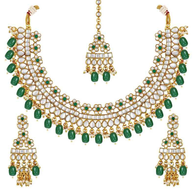 Peora Gold Plated Dulhan Bridal Kundan Faux Pearl Choker Necklace Earring Maang Tikka for Women Girls Indian Traditional Jewellery Set