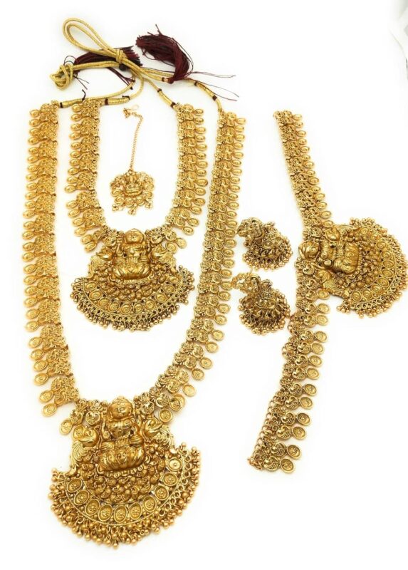 Adc fashions premium gold finish lakshmi pendant necklace full combo set for bridal