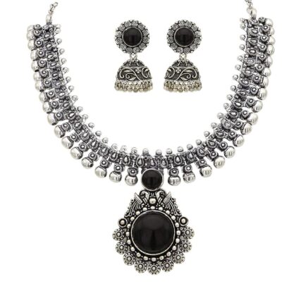 Yellow Chimes Exclusive Antique Design Vintage Oxidised Silver Kolhapuri Stone Choker Necklace Set with Jhumka Earrings for Women and Girls