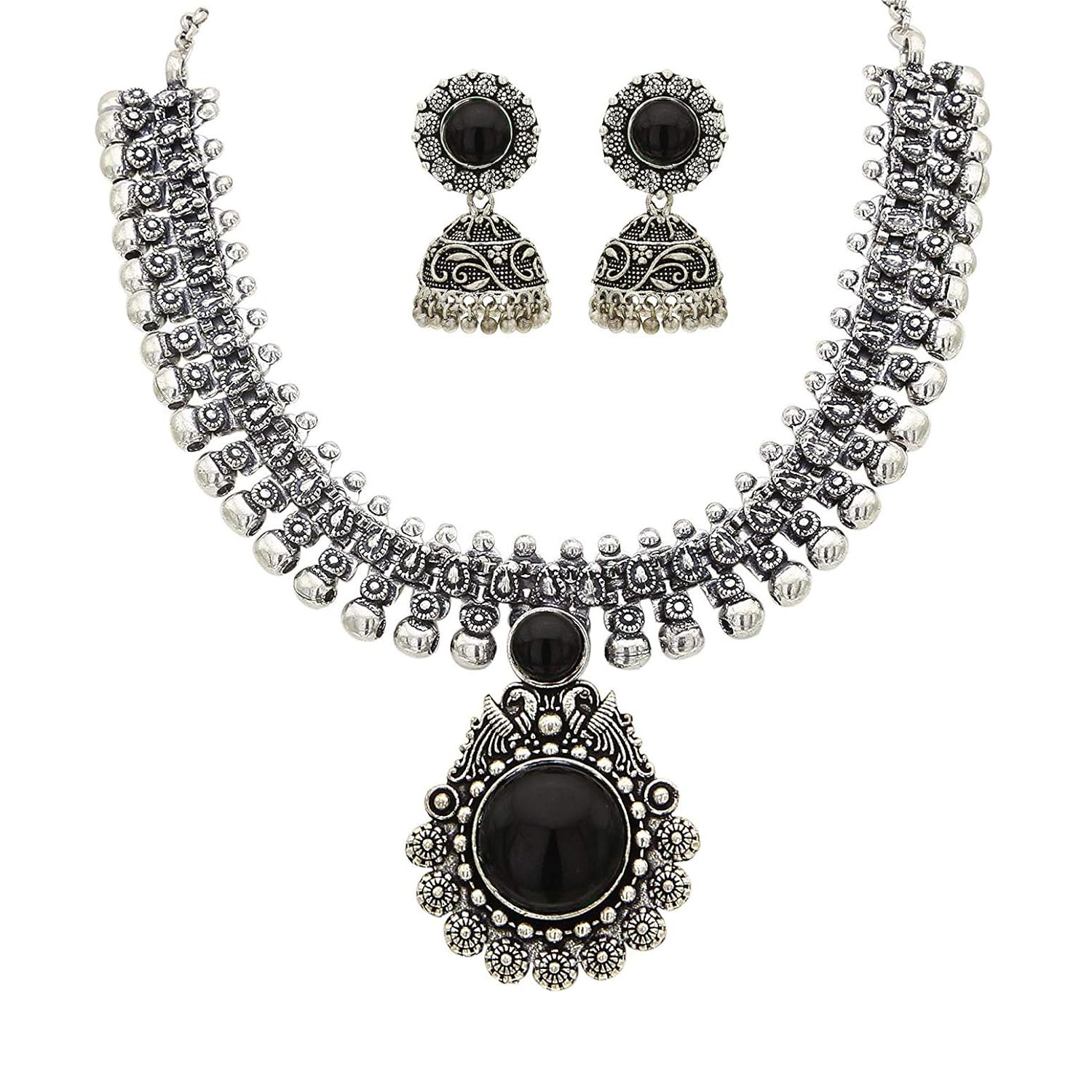 Yellow Chimes Exclusive Antique Design Vintage Oxidised Silver Kolhapuri Stone Choker Necklace Set with Jhumka Earrings for Women and Girls