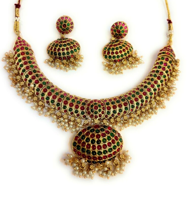 Adyashree Emporium Ruby & Emerald, pearl based mango design Gold plated south Indian Wedding Traditional temple jewellery set. Latest fashion full Combo for Girls & Women