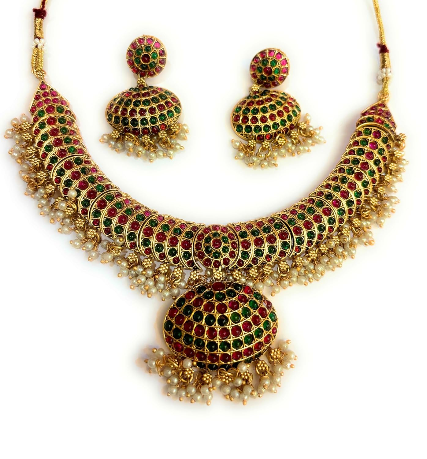 Adyashree Emporium Ruby & Emerald, pearl based mango design Gold plated south Indian Wedding Traditional temple jewellery set. Latest fashion full Combo for Girls & Women