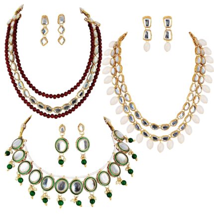 Lucky Jewellery Designer Pearl With Kundan Layered Necklace and Earrings Combo Set Of 3 For Women & Girls (888-COMBO-1948-3)