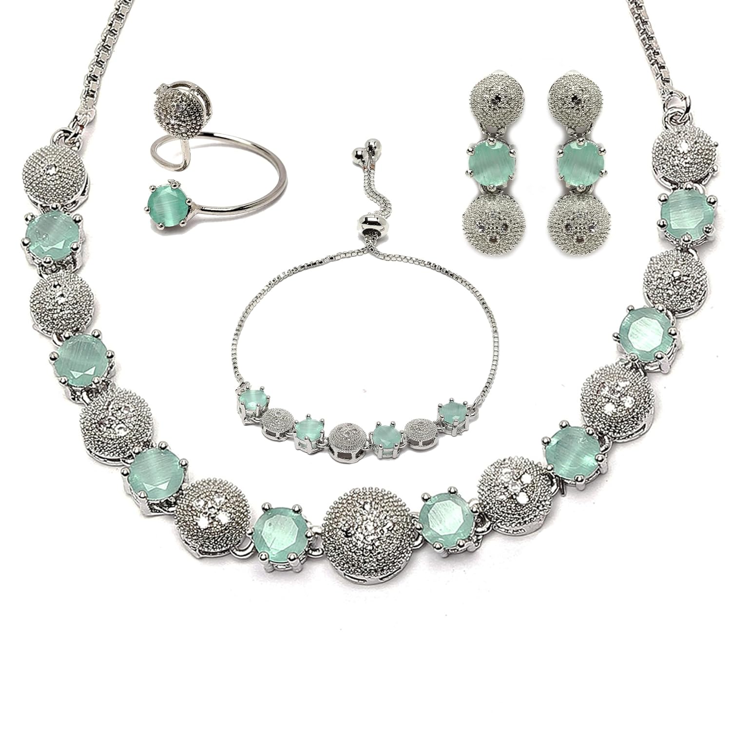 ZENEME Rhodium-Plated Silver Toned American Diamond studded Necklace, Earrings, Bracelet & Ring Jewellery Set for Girls and Women