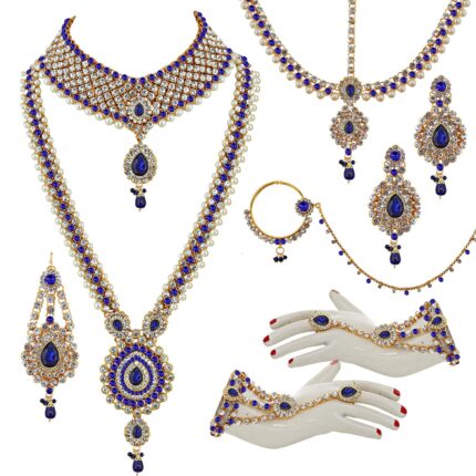 Lucky Jewellery Bridal Dulhan Designer 18k Gold Plated Blue Color Pearl Stone Set 9 pcs. for Women & Girls (3630-IZS-1611-B)