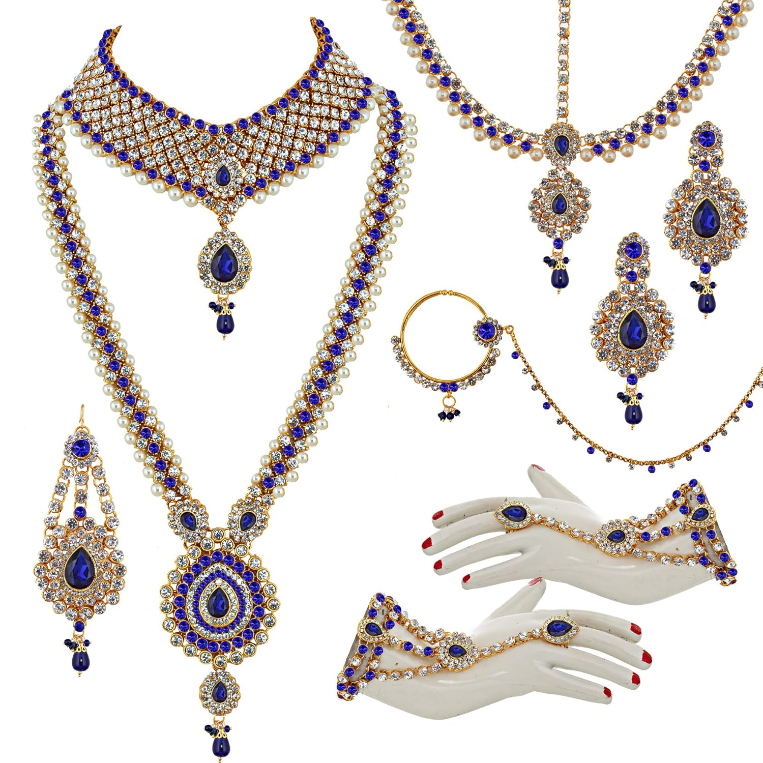 Lucky Jewellery Bridal Dulhan Designer 18k Gold Plated Blue Color Pearl Stone Set 9 pcs. for Women & Girls (3630-IZS-1611-B)