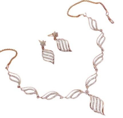 FANCY KF American Diamond CZ Rose Gold Plated Designer Jewellery Set/Necklace Set with Chain & Earring for Girls/Women