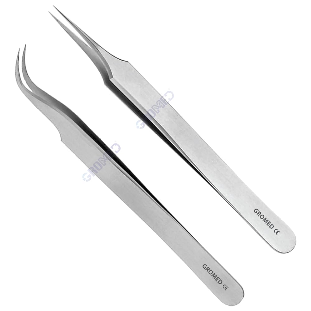 Gromed Fine Dissecting Forceps/Jewellers Forceps/Jeweler Forceps - Pack of 2, Size 5" / 12.5cm (Stainless Steel) Straight & Curved, SS 304 Non Magnetic Jeweller Tool