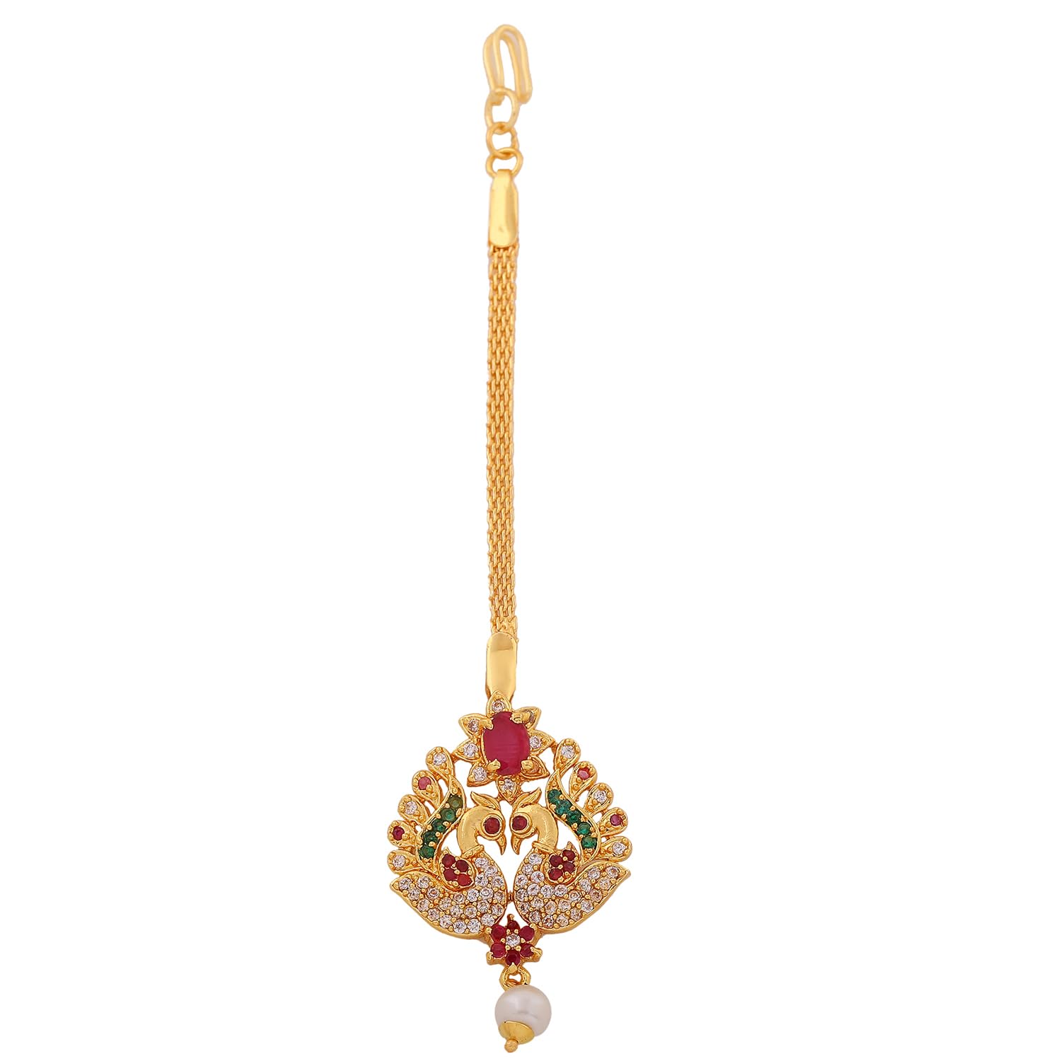 Estele CZ Entwined Peacock Designer Maang Tikka with Pearls for Girls & Women's