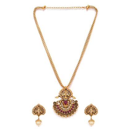 Rubans Gold-Plated Pink Faux Ruby Peacock Jewellery Set For Women