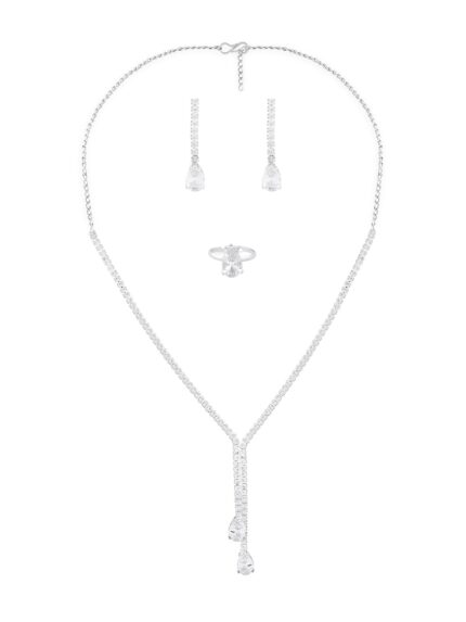 ZAVERI PEARLS Silver Tone Cubic Zirconia Designer Brass Party Lariat Contemparory Necklace Earring & Ring Set For Women-ZPFK16718