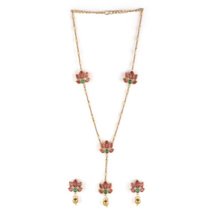 Rubans 22K Gold-Plated Lotus Motif Ruby and Emerald Studded Jewellery Set For Women