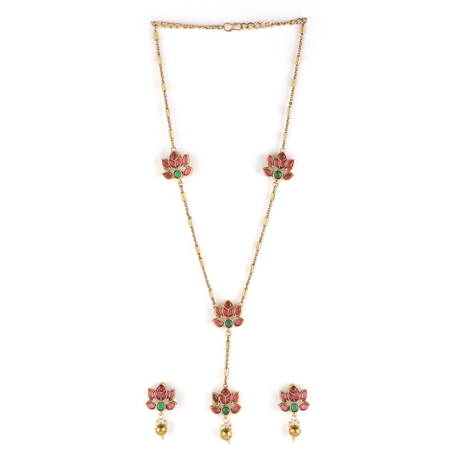 Rubans 22K Gold-Plated Lotus Motif Ruby and Emerald Studded Jewellery Set For Women