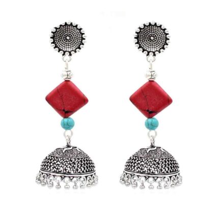 Gurjari Jewellers Oxidised Tops with Turquoise beads Earrings Brass jumkhi Danglers e401_red