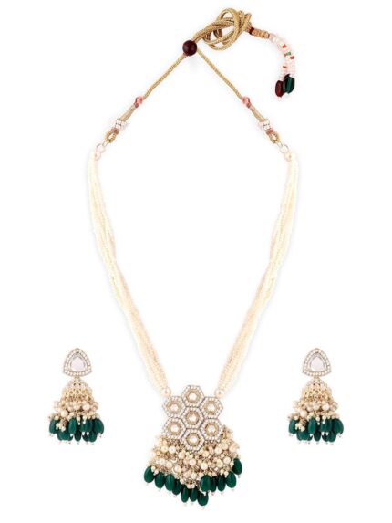 ZAVERI PEARLS Green Stones Long Multistrand Beaded Necklace Earring & Ring Set For Women-ZPFK16585