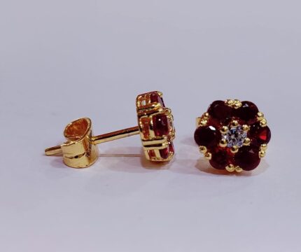 TISHYA JEWELLERS 1.10Ct Round Cut Red Ruby Wedding Push Back Stud Flower Earrings 14k Yellow Gold FN
