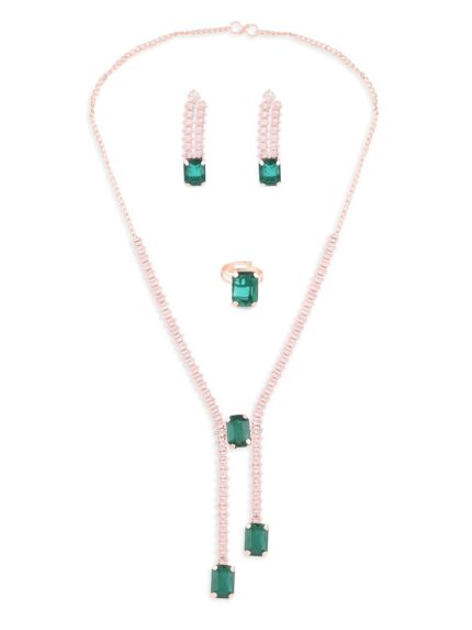 ZAVERI PEARLS Green Dazzling Contemporary Necklace Earring & Ring Set For Women-ZPFK14400