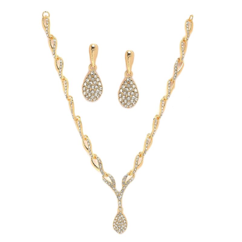 ZENEME Oxidised Silver-Plated Cubic Zirconia Studded Teardrop Shaped Necklace With Earrings Jewellery Set For Girls and Women