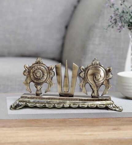 Amazon Brand - Umi Metal Tirupati Balaji Shankh Chakra Tilak Showpiece, Vishnu Symbol on Base, Venkateshwara Balaji Symbol Shankh Chakra Tilak Home Temple, Office Tabletop (9.2 Inches Length, Silver)