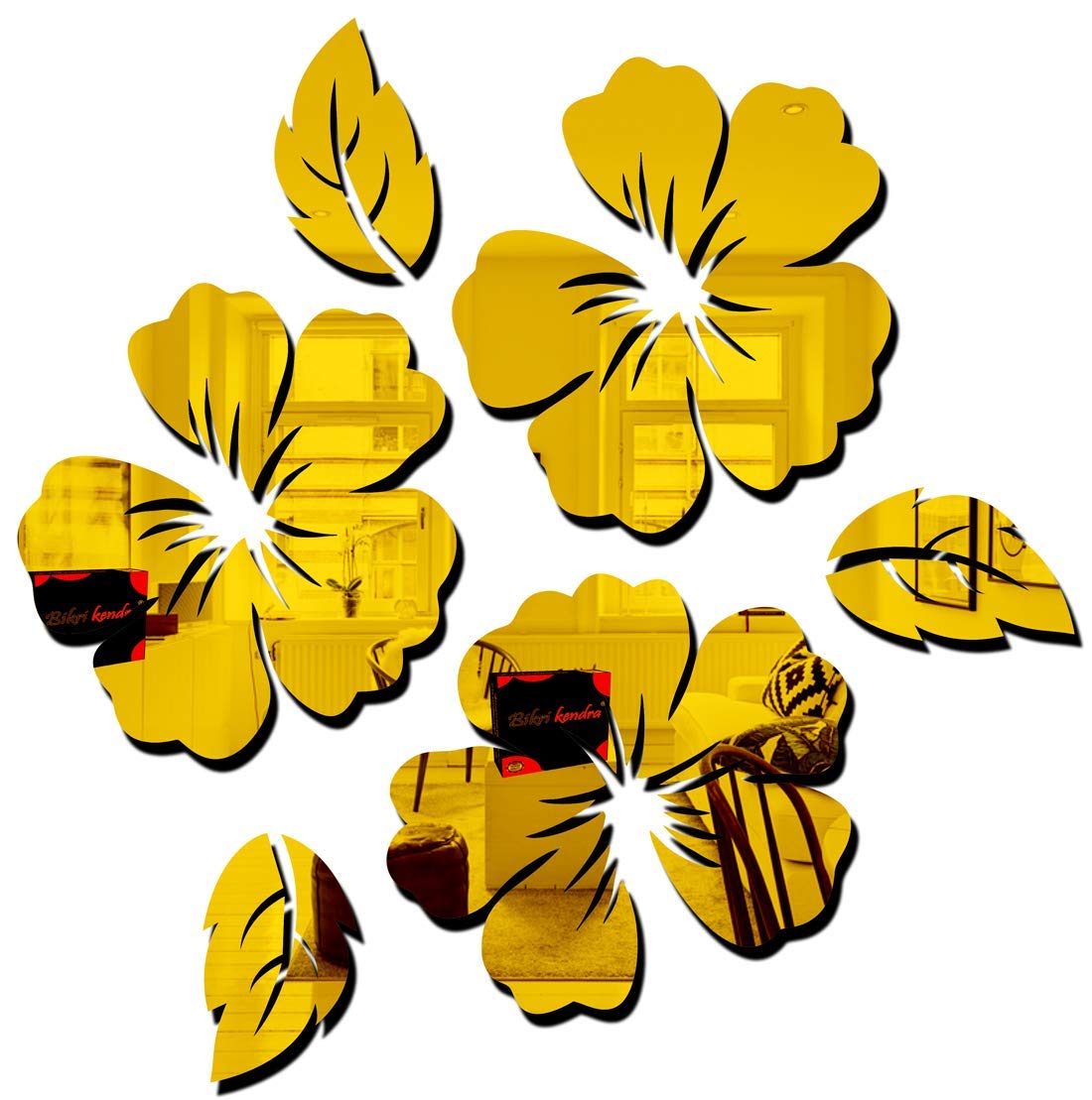 Chote Mote Seller - Lower & Leaf Decorative Mirror Stickers for Wall, Wall Mirror Stickers, 3D Acrylic Stickers Wall Stickers for Hall Room, Bed Room... (Golden, Pack of 1)