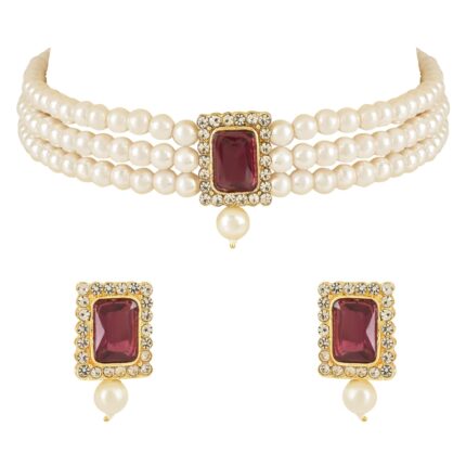 I Jewels Gold Plated Traditional Stone Pearl Choker Necklace Jewellery Set For Women/Girls