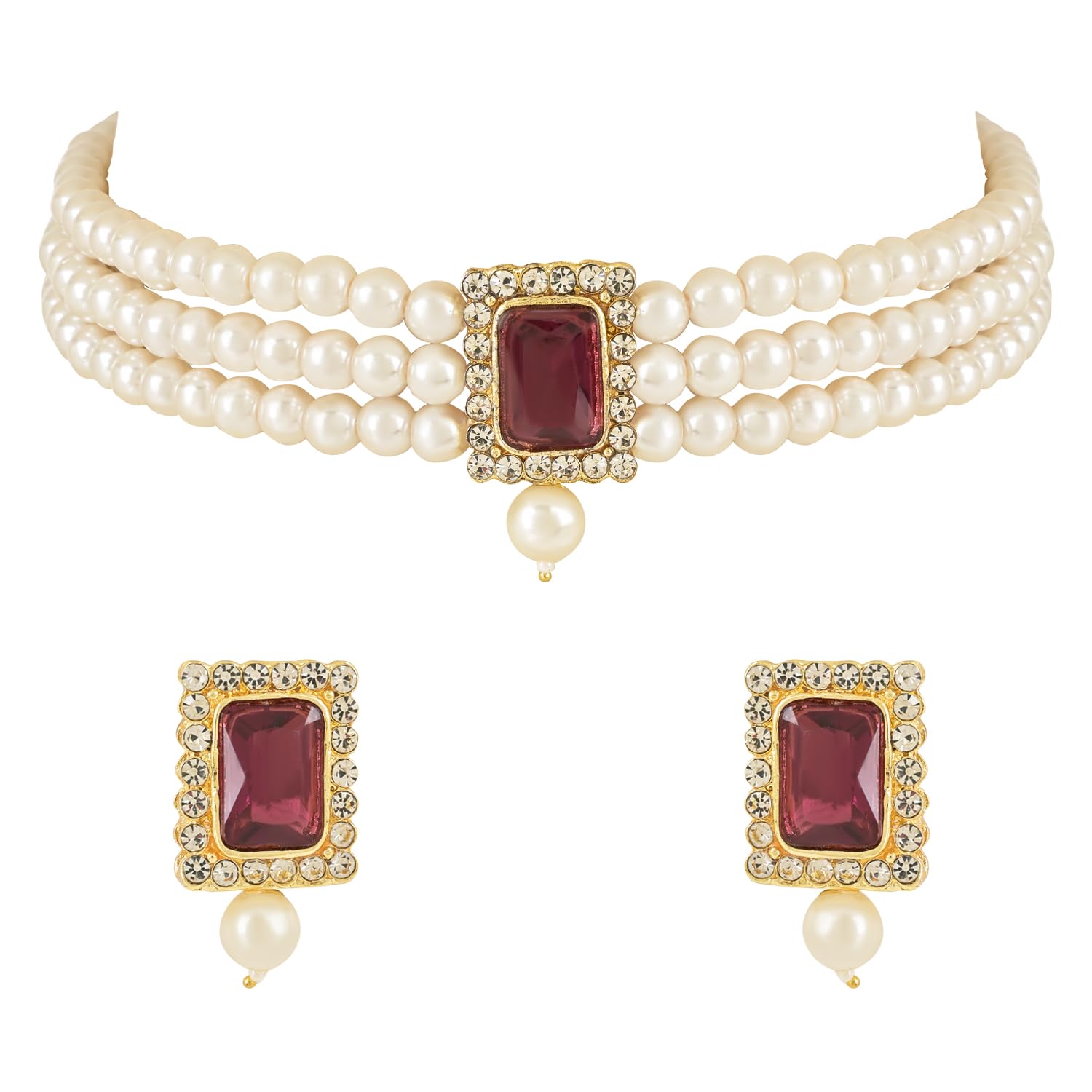 I Jewels Gold Plated Traditional Stone Pearl Choker Necklace Jewellery Set For Women/Girls